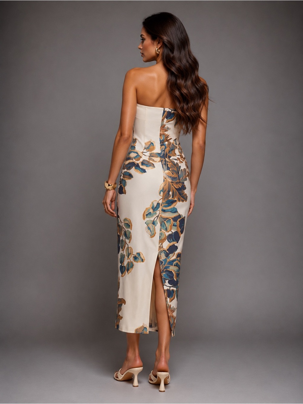 NWT Commense Strapless Floral Midi Dress in Cream, Green and Brown - Picture 2 of 2